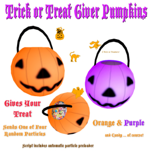 The Trick or Treat Pumpkin Giver pops out one of four particles & a gift on touch!